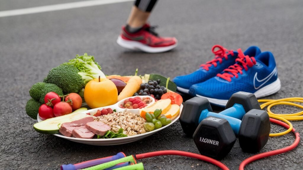 Illustration of a healthy plate with vegetables, fruits, grains, and lean proteins, alongside exercise equipment, representing the importance of diet and exercise in preventing obesity.