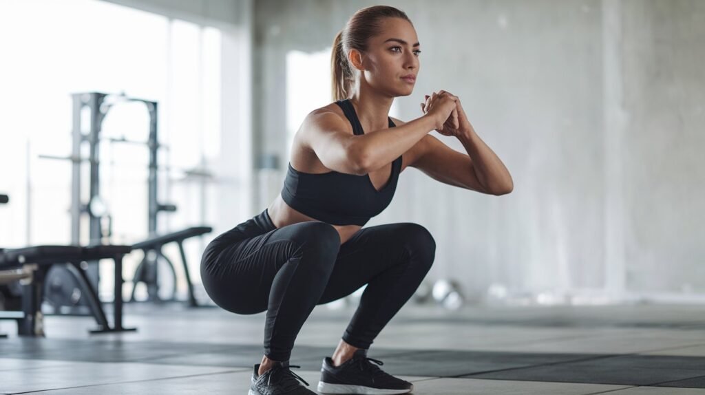 A beginner executing a squat with correct form in a gym setting, demonstrating proper technique for strength training.
