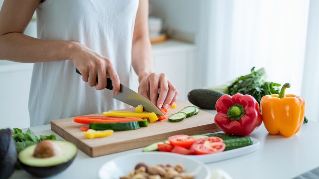 A person chopping fresh vegetables like bell peppers and cucumbers on a wooden cutting board in a bright kitchen.