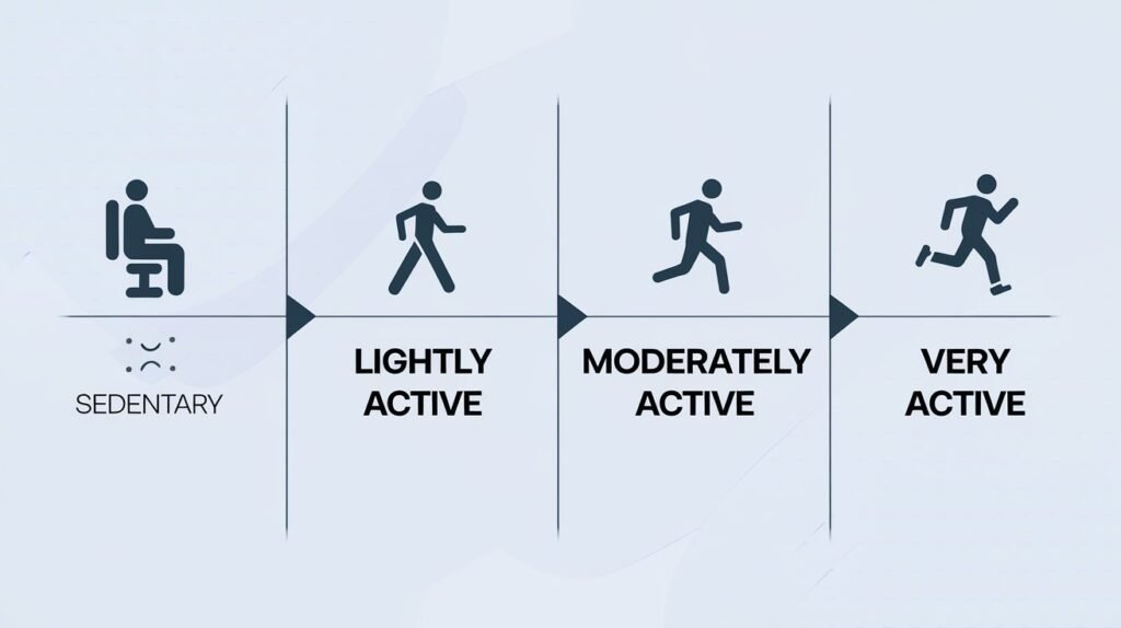 Infographic showing daily calorie ranges based on activity levels from sedentary to very active, with icons for each level.