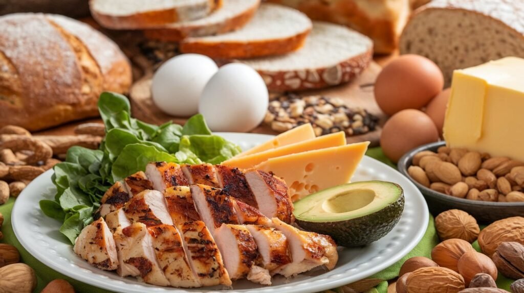 A plate of grilled chicken, leafy greens, avocado, and cheese surrounded by other low-carb foods, contrasting with blurred bread and pastries in the background.