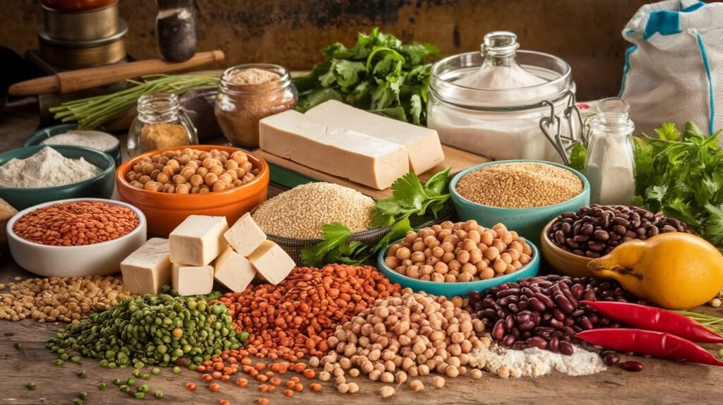 An assortment of plant-based protein sources like lentils, chickpeas, tofu, quinoa, and beans, displayed with labels, representing the protein options in a flexitarian diet.