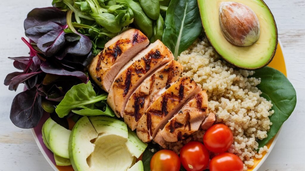 A plate of nutritious whole foods such as chicken, quinoa, and vegetables, ideal for a calorie-deficit diet to lose belly fat.