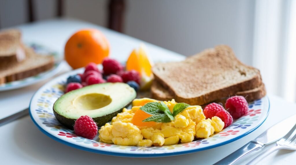 A gluten-free breakfast plate with scrambled eggs, avocado, gluten-free toast, and fresh fruits.