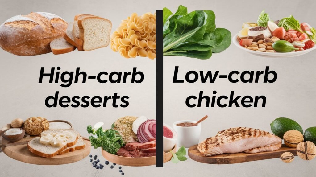 A comparison of high-carb foods like bread and pasta versus low-carb options like leafy greens, grilled chicken, and nuts.