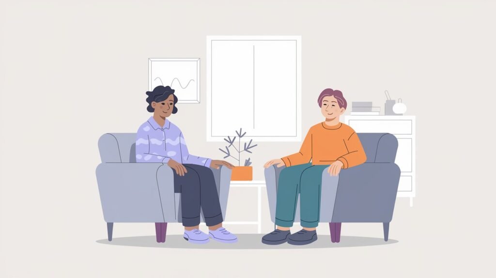 Illustration of a therapist and patient in a comfortable therapy room, highlighting collaboration and support in cognitive behavioral therapy.