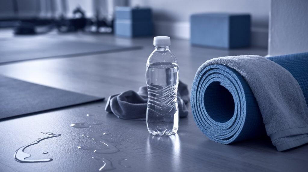 Close-up of a water bottle, yoga mat, and towel with sweat droplets, essential gear for a hot yoga class.