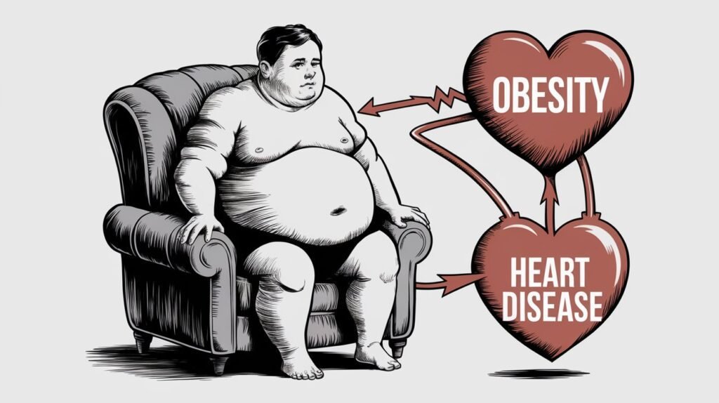 Illustration of an overweight figure with heart and artery symbols, depicting the link between obesity and increased heart disease risk.