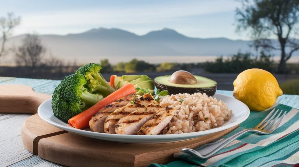 Illustration of a balanced plate with vegetables, lean protein, whole grains, and healthy fats, showcasing a diet that supports mental health.