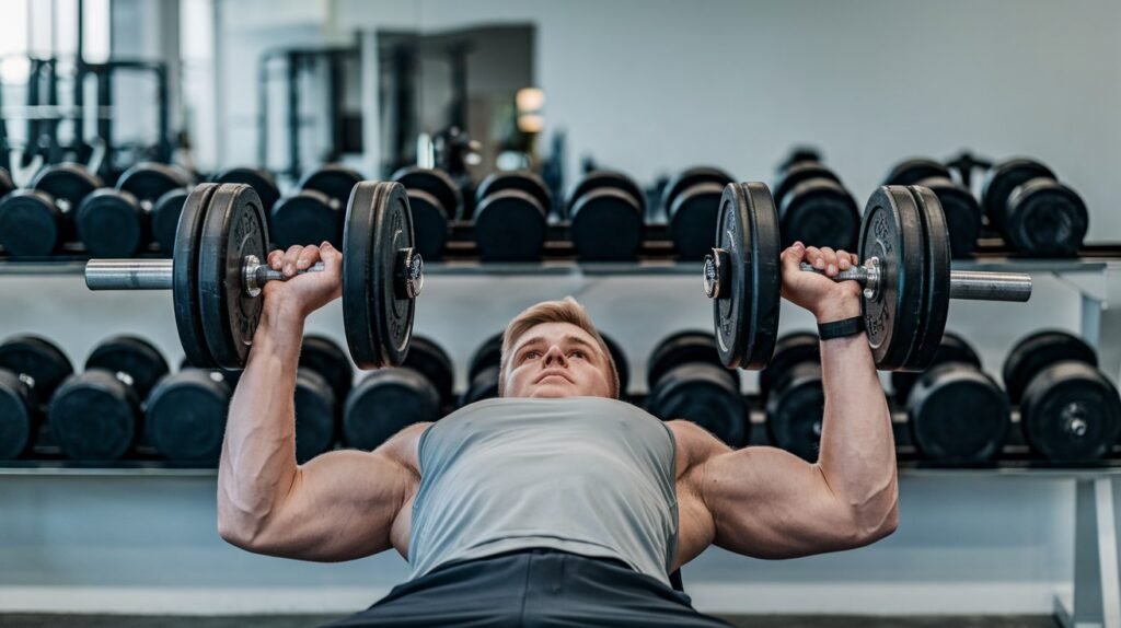 Beginner performing a bench press with dumbbells, demonstrating correct posture in a gym setting.