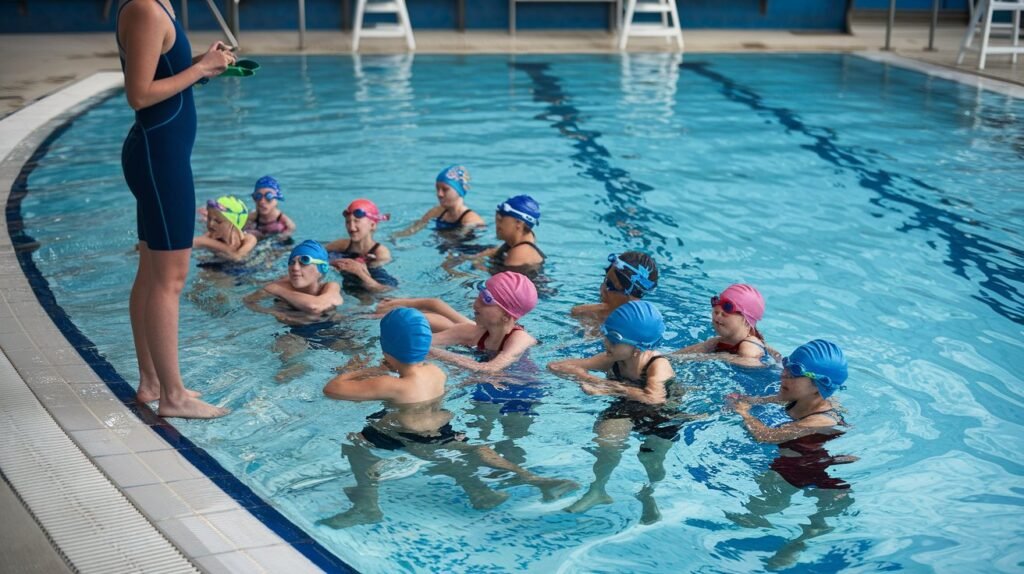 A group of beginner swimmers learning basic swimming techniques in a shallow pool, with an instructor providing guidance and safety tips.