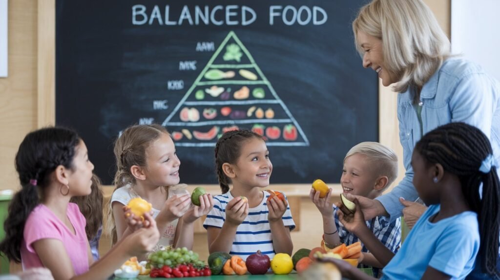 Teacher explaining balanced nutrition to children in a classroom with a food pyramid on the chalkboard, promoting healthy eating education.