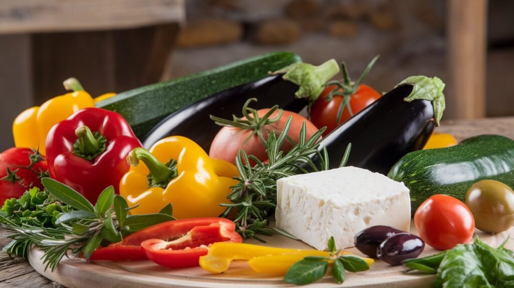 A colorful array of Mediterranean ingredients including tomatoes, olives, garlic, peppers, and herbs displayed on a rustic wooden table.