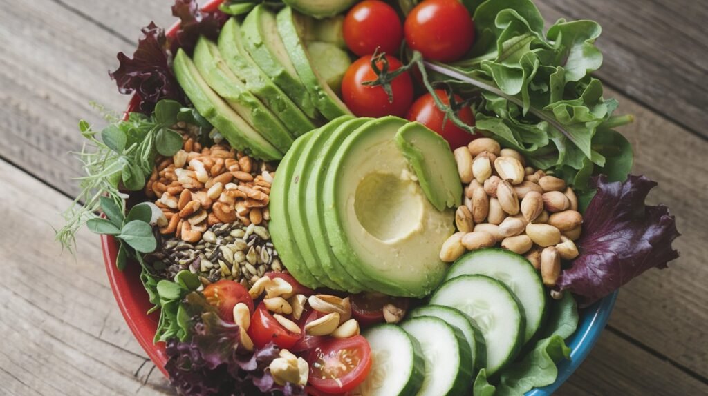 A close-up view of a vibrant Paleo salad featuring fresh greens, avocado, cherry tomatoes, cucumbers, nuts, and seeds, highlighting the colorful and nutritious ingredients allowed in the Paleo diet.