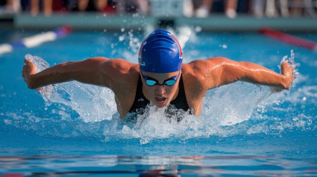 A competitive swimmer in a race pushing off the pool wall with powerful splashes, demonstrating strength and technique in an outdoor pool.