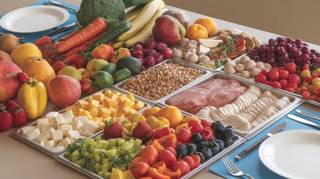 An organized display of various food groups, including fruits, vegetables, proteins, grains, and healthy fats, representing balanced nutrition.