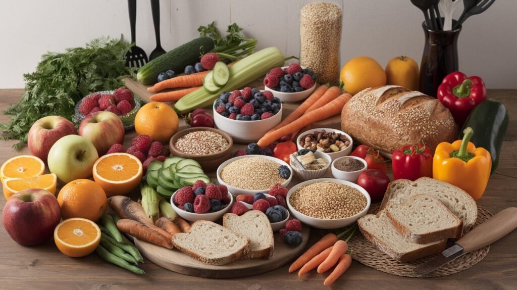 A spread of gluten-free foods including vegetables, quinoa, fruits, and gluten-free bread, showing healthy dietary options for celiac disease management.