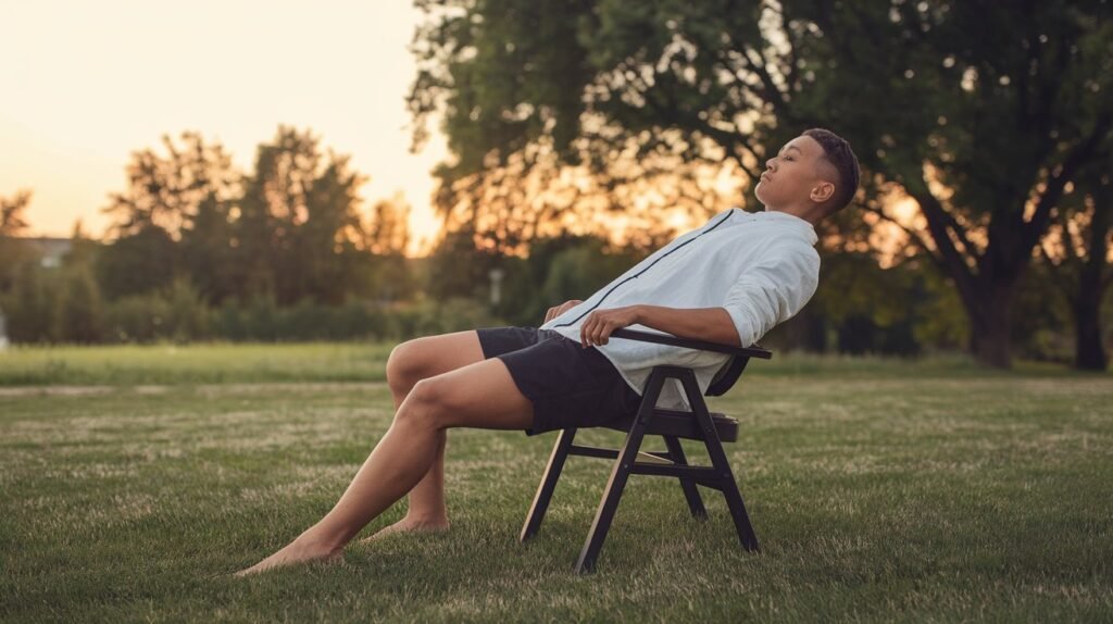 A person practicing the Chair Pose in a park at sunset, emphasizing the role of yoga in fitness and weight loss in a natural setting.