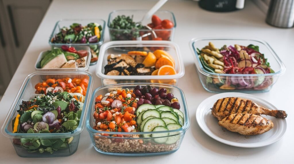 A kitchen countertop showing meal prep with containers of plant-based meals, including salads, grain bowls, and roasted vegetables, with a portion of grilled chicken on the side, highlighting balance in the flexitarian diet.