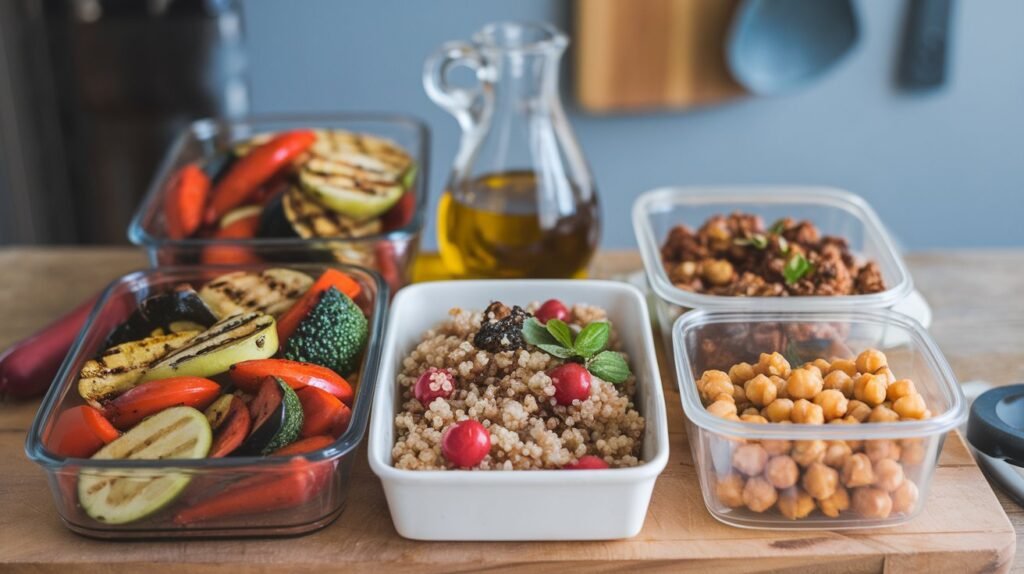 A beautifully arranged Mediterranean meal prep featuring grilled vegetables, quinoa, chickpeas, and a drizzle of olive oil in meal containers.