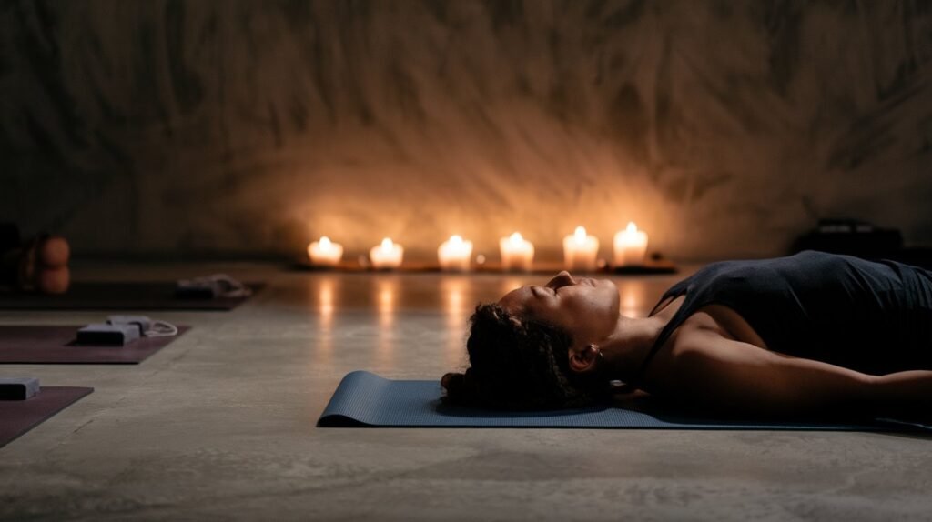 Person lying in Savasana pose on a yoga mat in a dimly lit hot yoga studio with candles creating a peaceful ambiance.
