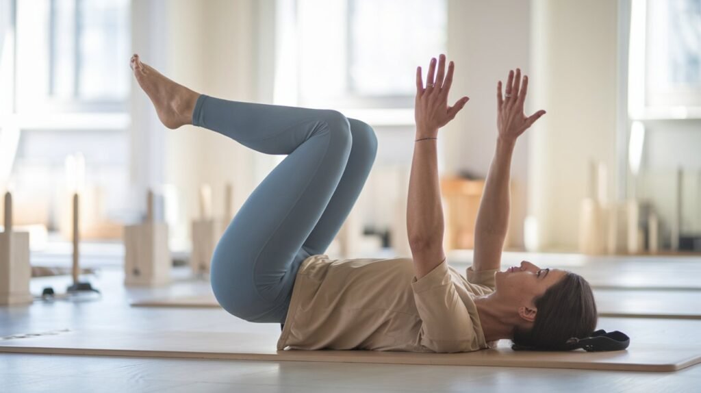 A person performing the Pilates Hundred exercise on a mat in a bright, serene studio, focusing on core strength and breathing.