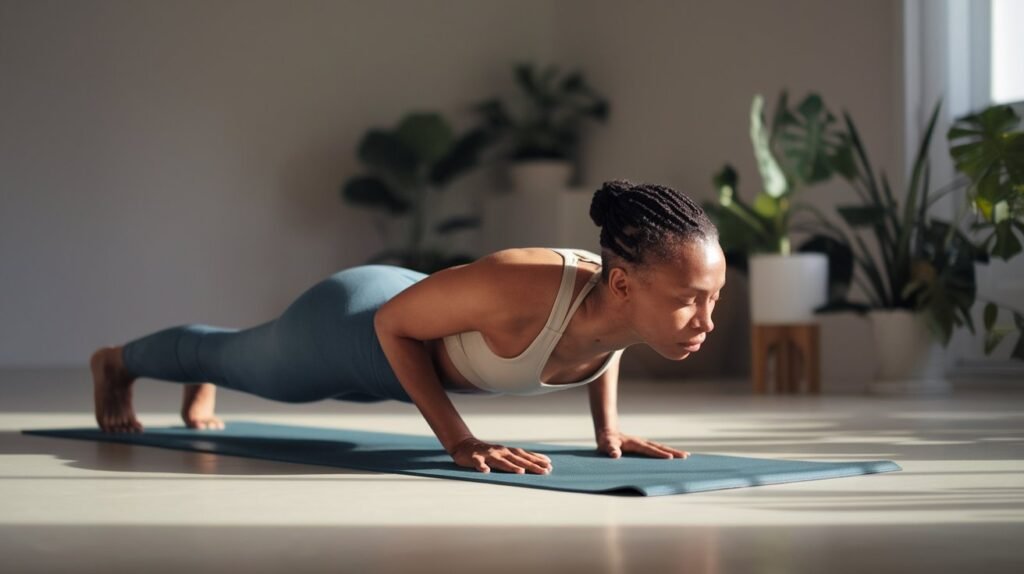 A person performing the Plank Pose during a yoga session in a peaceful, minimalist home setting, symbolizing core strength and its role in weight loss.