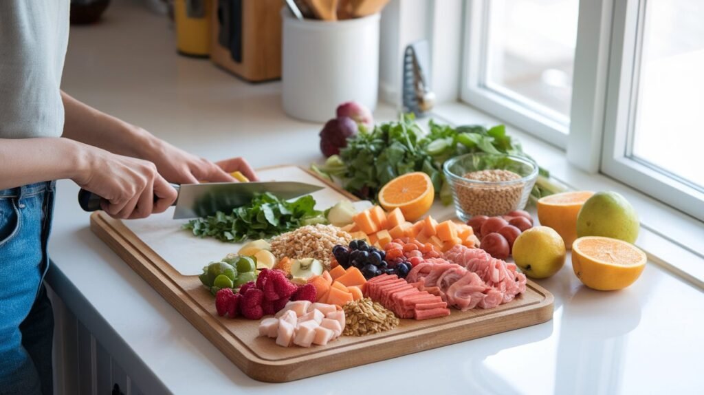A person preparing a balanced meal with fresh ingredients like leafy greens, grains, and proteins, promoting healthy eating.