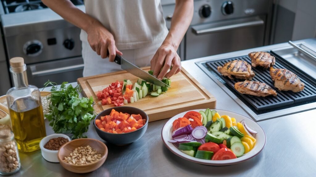 A person preparing a low-carb meal with fresh vegetables and grilled chicken in a bright, modern kitchen.