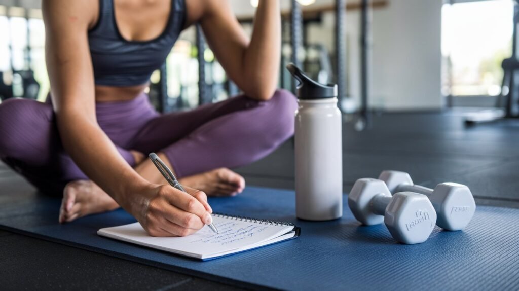 A person writing in a fitness journal after completing a workout, showing the importance of tracking progress in strength training.