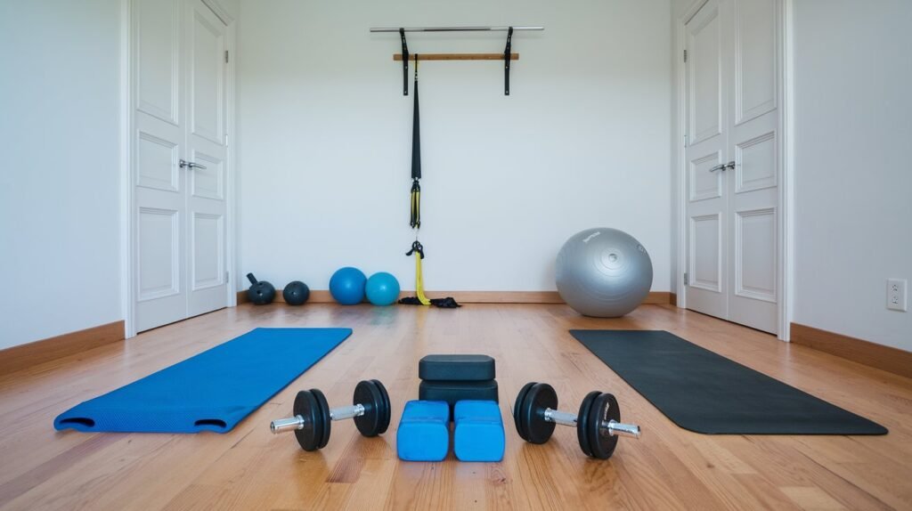 A set of beginner-friendly strength training equipment including dumbbells, a resistance band, and a yoga mat arranged on a wooden floor.