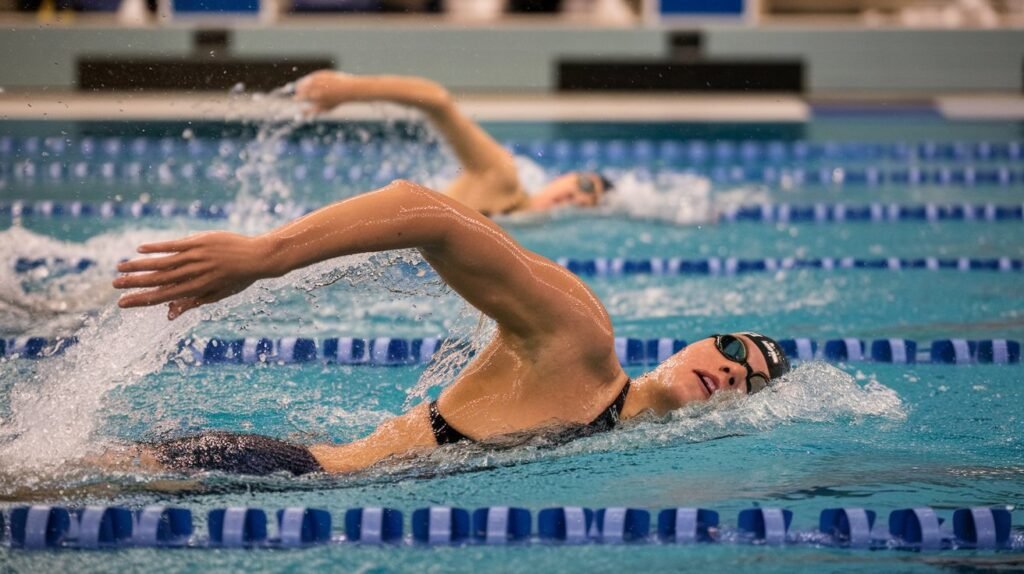 A swimmer performing the freestyle stroke in an indoor pool, demonstrating proper arm movements and body alignment, showcasing the key aspects of freestyle swimming.