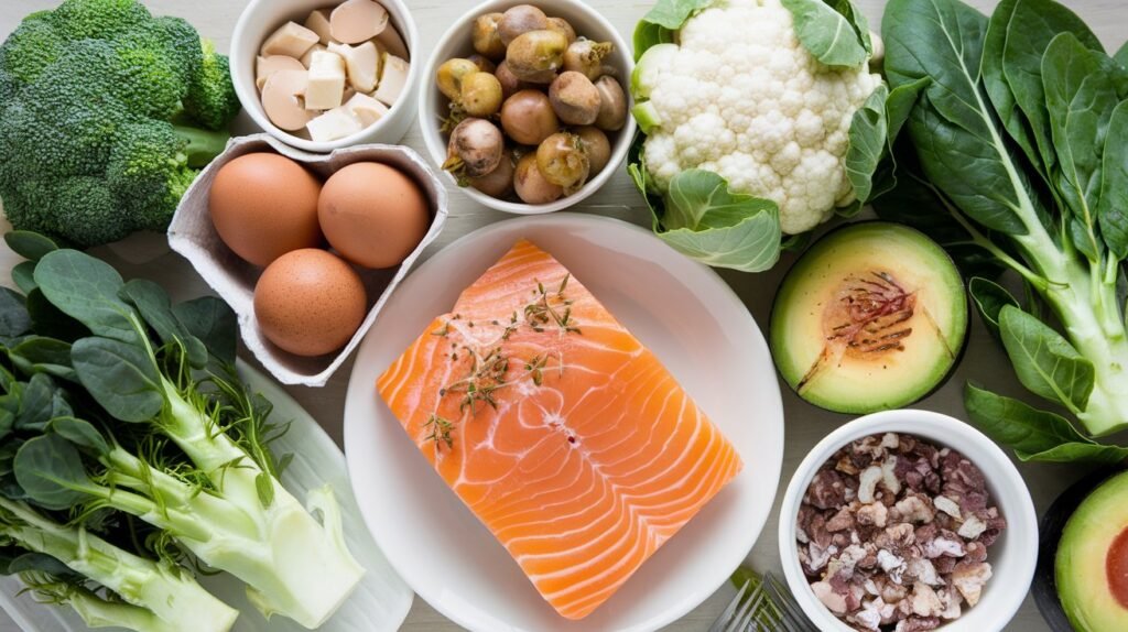 A selection of low-carb vegetables and protein sources, including broccoli, spinach, cauliflower, salmon, and eggs, presented as a healthy Atkins Diet meal.