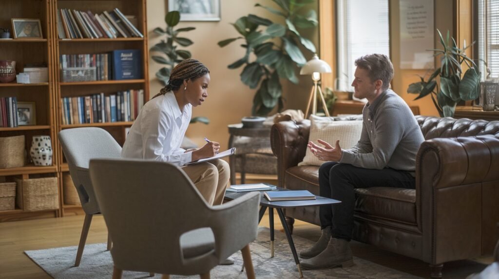 A therapist and client discussing behavioral strategies for managing obesity in a comfortable therapy setting.