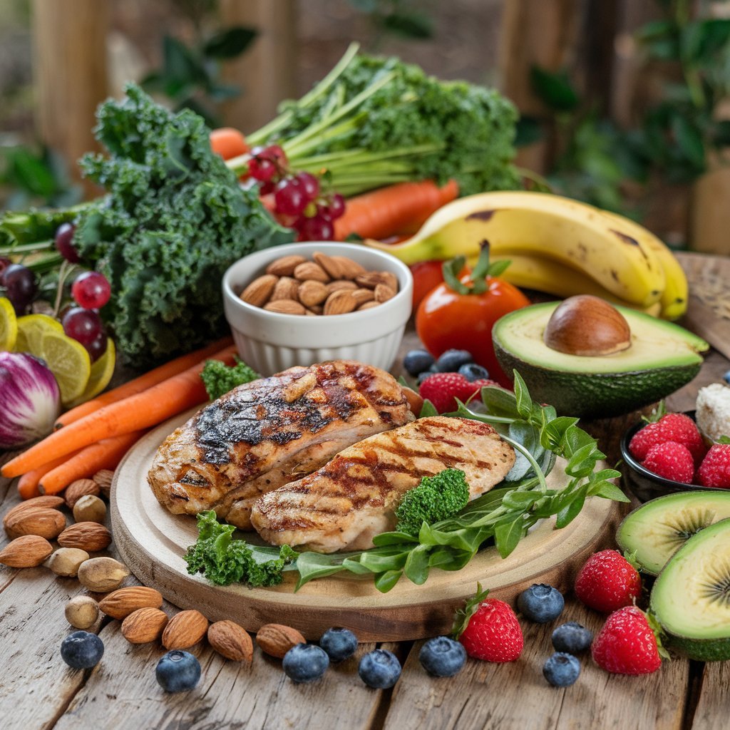 A colorful assortment of Paleo diet foods displayed on a wooden table, featuring grilled chicken, fresh vegetables, fruits, nuts, and avocados, illustrating the variety of healthy, whole foods allowed in the Paleo diet.