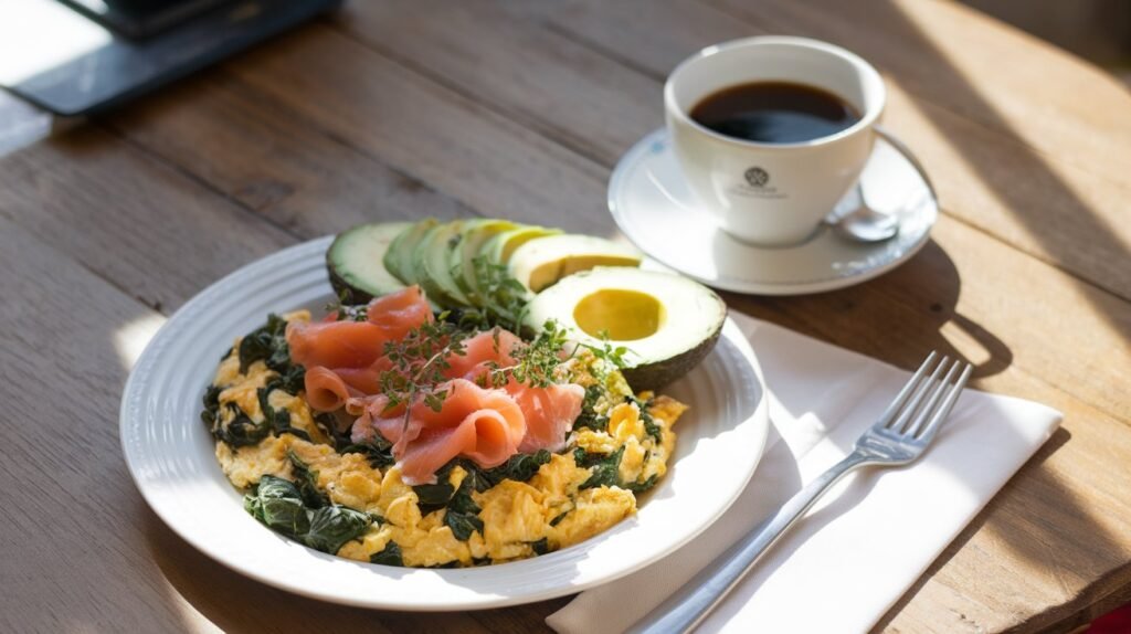 A healthy low-carb breakfast of scrambled eggs, avocado slices, and smoked salmon on a white plate with fresh herbs and a cup of black coffee.