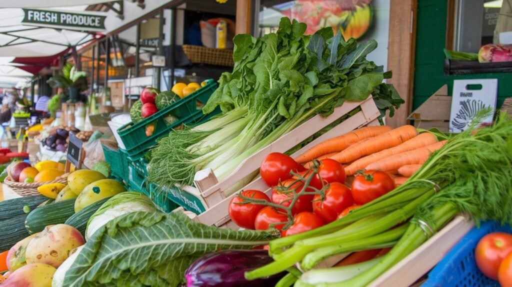 A vibrant market scene with fresh produce like leafy greens, tomatoes, and fruits, representing local and seasonal plant-based food options in a flexitarian diet.