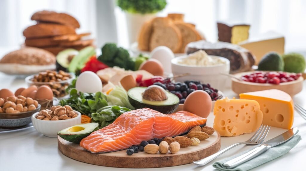 A table featuring Atkins-approved foods like grilled salmon, avocado, eggs, nuts, leafy greens, and cheese, with blurred bread, pasta, and desserts in the background to contrast allowed and restricted foods.