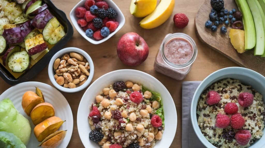 An overhead view of a plant-based meal plan with quinoa salad, berries, smoothie, roasted vegetables, and nuts on a wooden table.