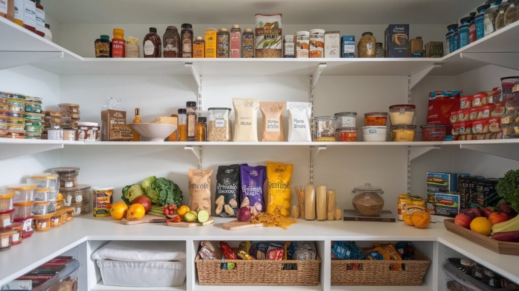 A well-organized gluten-free pantry with essential products like gluten-free pasta, flours, snacks, and fresh produce.