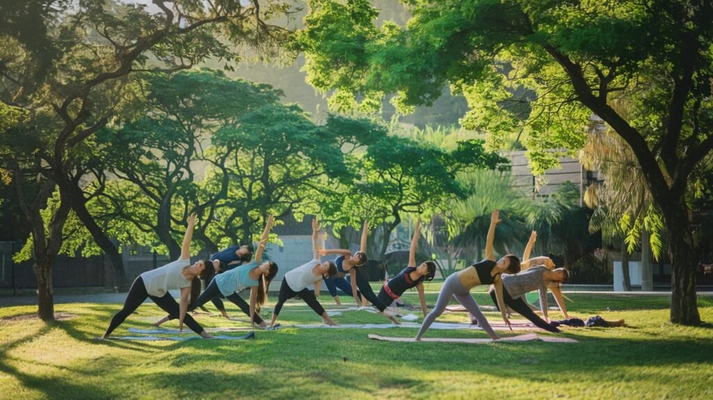 A diverse group of people practicing core-strengthening yoga poses outdoors, emphasizing community and the benefits of yoga.
