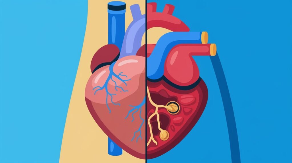 A side-by-side comparison of a healthy heart and a heart with clogged arteries due to obesity, showing the impact of obesity on cardiovascular health.