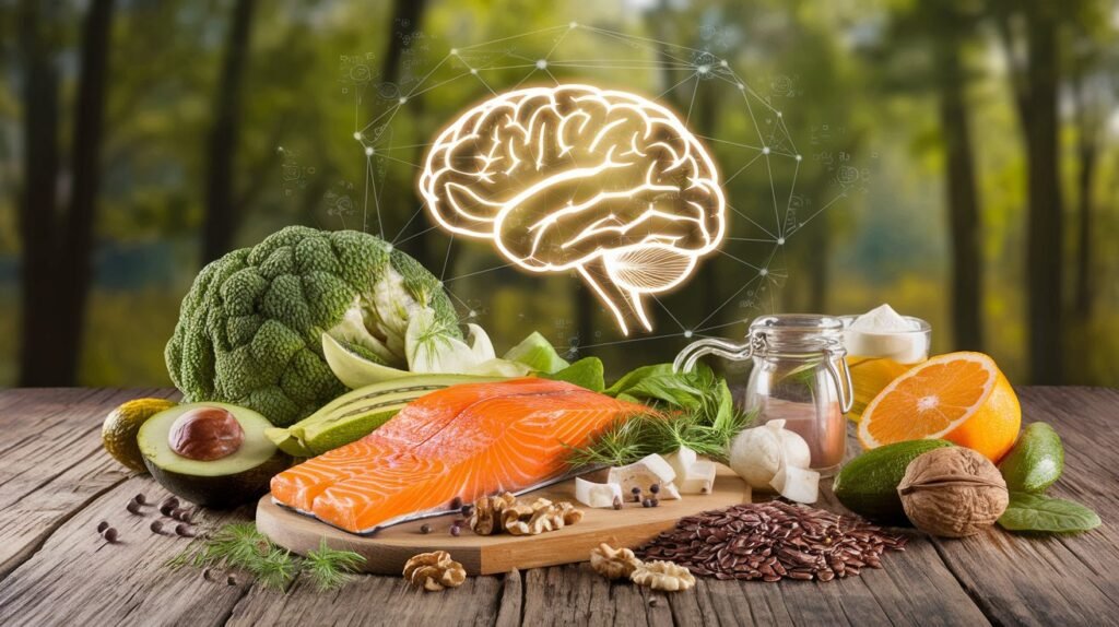 Illustration of omega-3-rich foods like salmon, walnuts, and flax seeds on a wooden table, with a glowing brain icon, representing the mental health benefits of omega-3s.