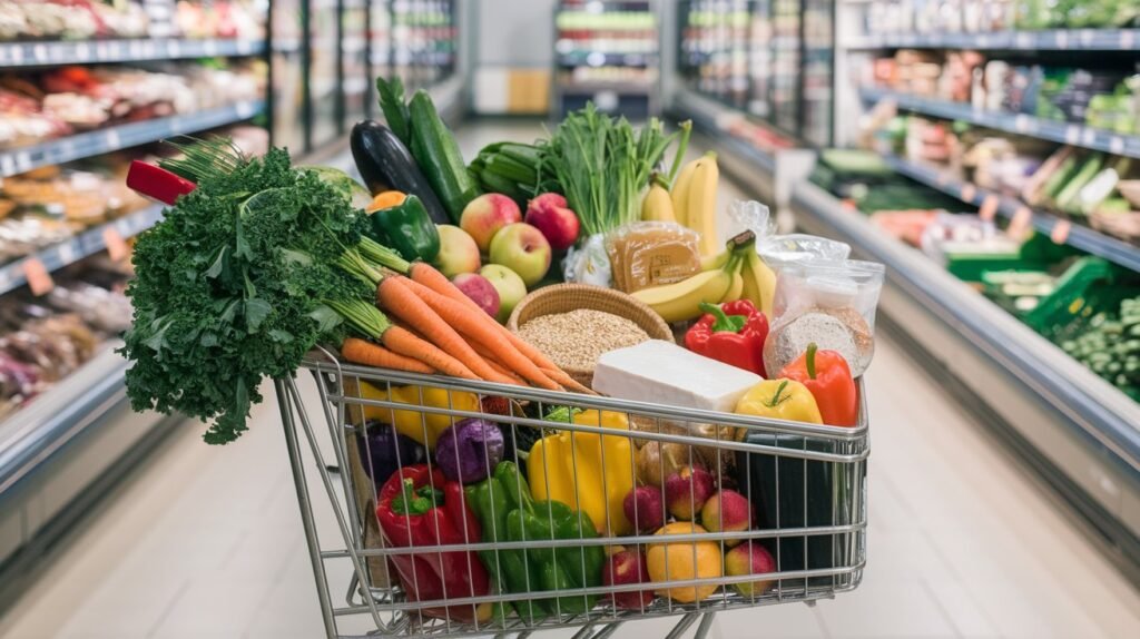 A grocery cart filled with fresh vegetables, fruits, whole grains, and plant-based protein sources in a brightly lit grocery store.