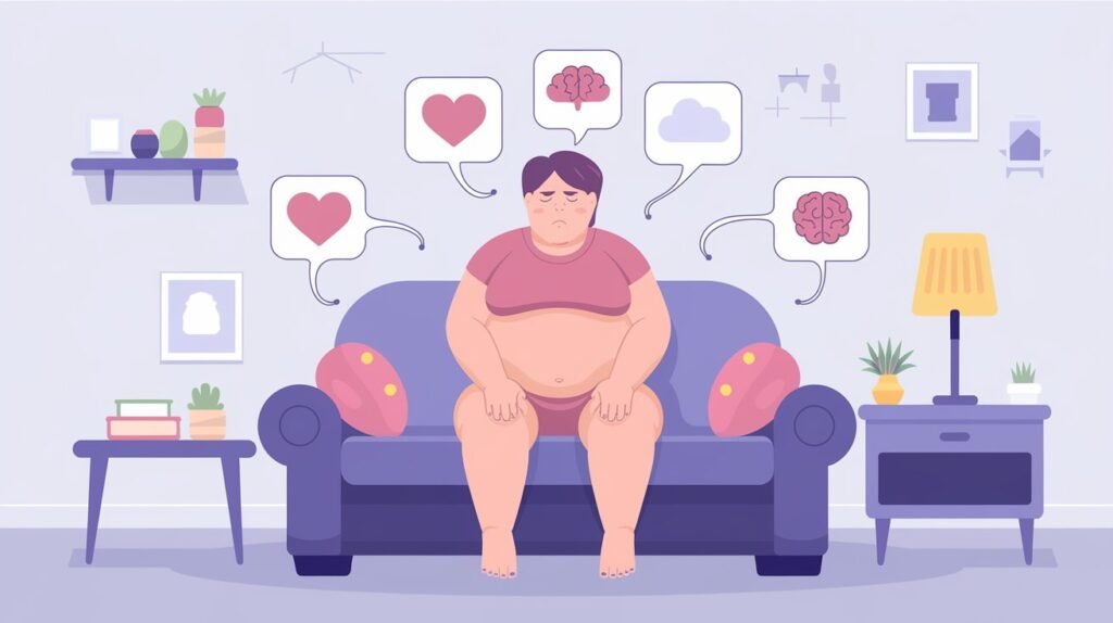 Illustration of an overweight individual surrounded by mental health icons, representing the emotional and psychological effects of obesity.