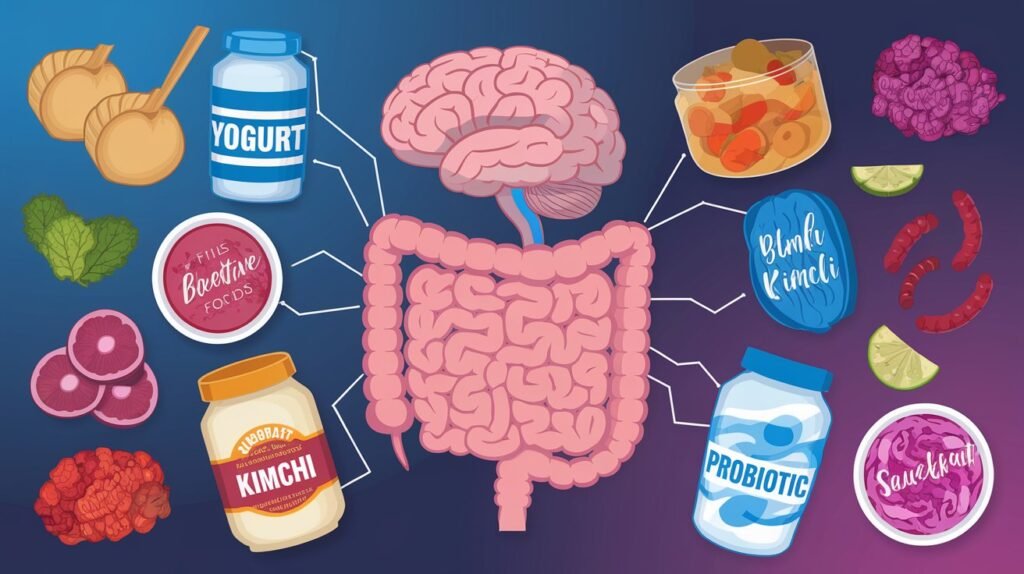 Infographic illustrating the gut-brain connection with a digestive system connected to a brain, surrounded by probiotic foods like yogurt, kimchi, and sauerkraut, representing the role of gut health in mental wellness.