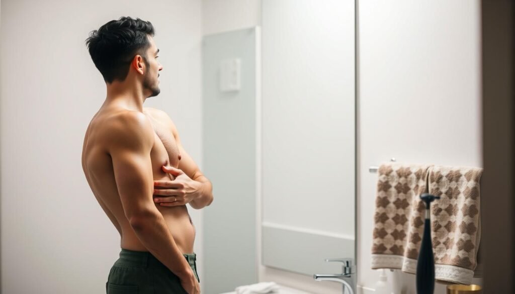 A serene bathroom setting with soft lighting, showcasing a confident male figure standing in front of a mirror, gently examining his testicles. The individual is casually dressed, with a neutral background
