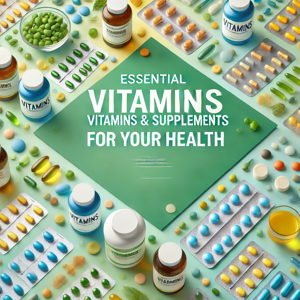 A colorful assortment of vitamins & supplements including capsules, tablets, and gummies on a bright background, representing health and wellness.