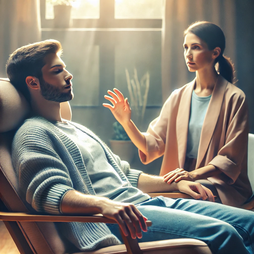 A peaceful hypnotherapy session where a therapist guides a relaxed patient in a calming environment, reflecting deep focus and tranquility.
