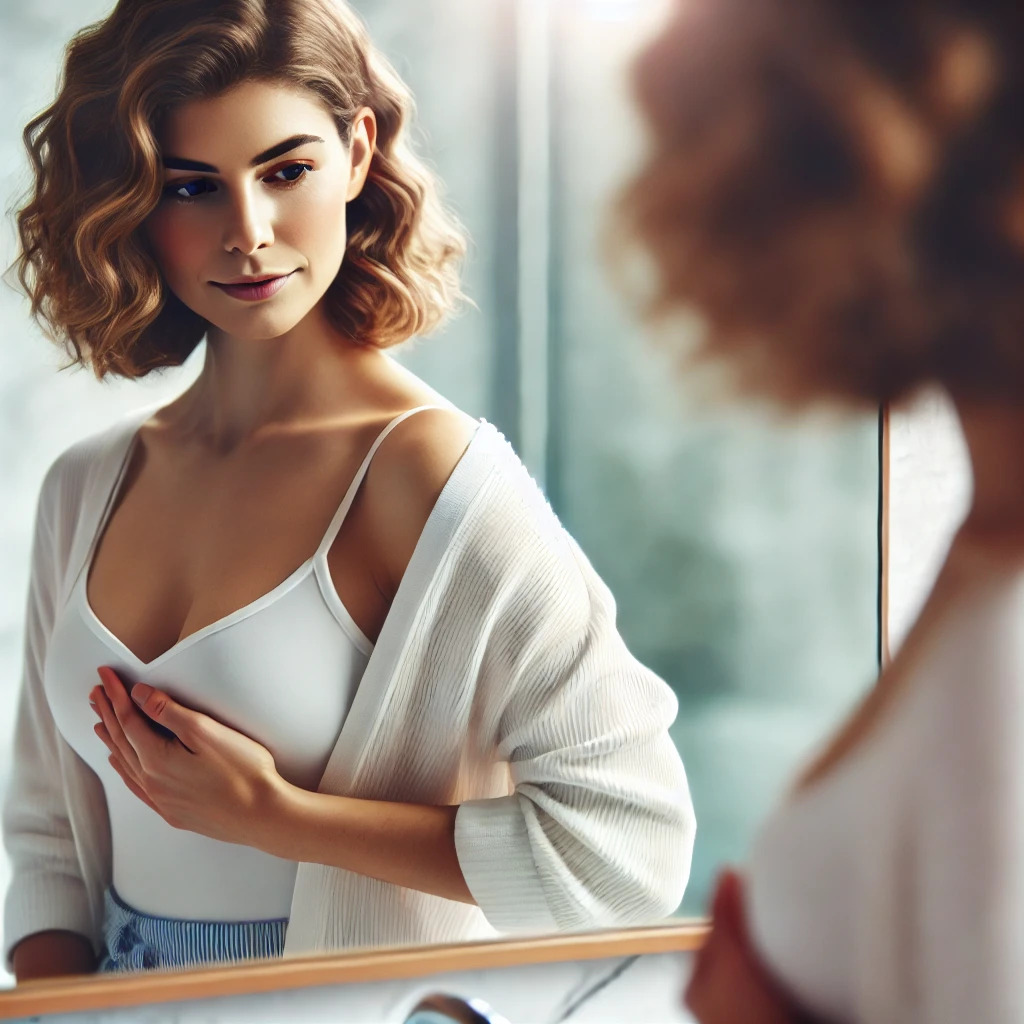 A thoughtful woman performing a self-breast exam in a private setting, in front of a mirror, focusing on breast health with confidence.